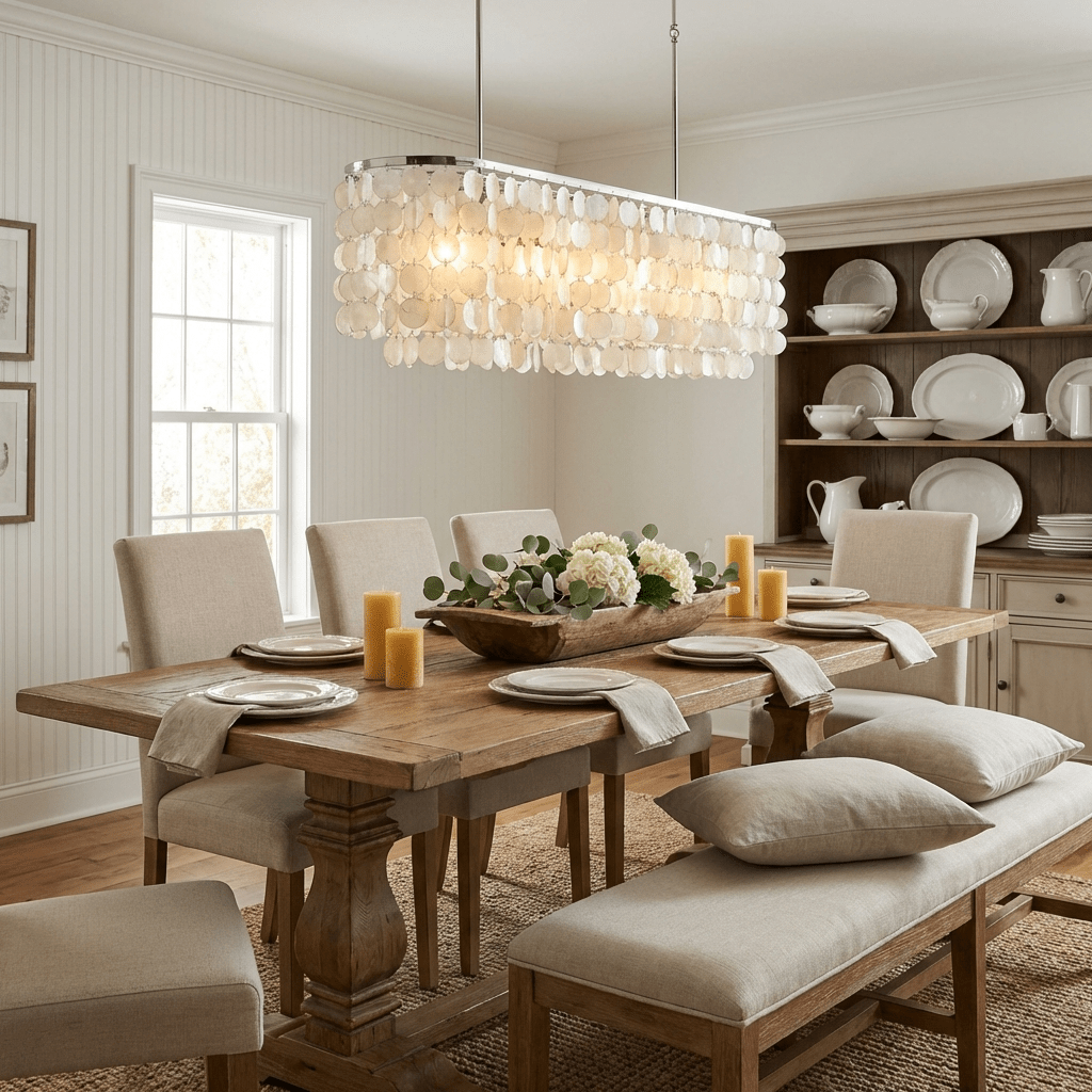 Liora Shell Linear Chandelier – Natural Shell Pendant Light for Dining & Living Rooms