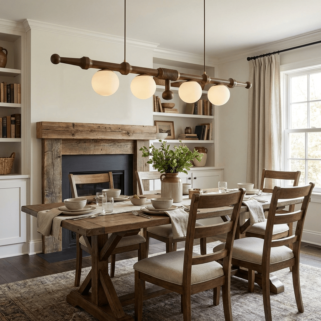 Elowen Rail Chandelier – Linear Wood & Glass Pendant Light