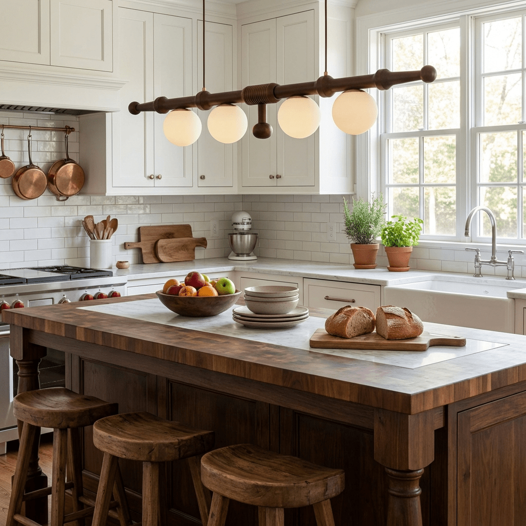 Elowen Rail Chandelier – Linear Wood & Glass Pendant Light