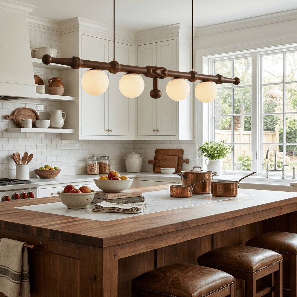 Elowen Rail Chandelier – Linear Wood & Glass Pendant Light