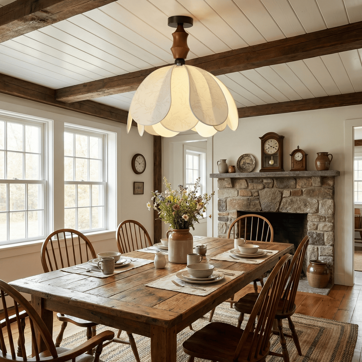 Roswyn Petal Flush Mount Ceiling Light in Walnut and Beige Fabric