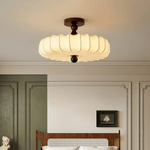 Aveline Bloom Modern Flush Mount Ceiling Light in Walnut and White Fabric