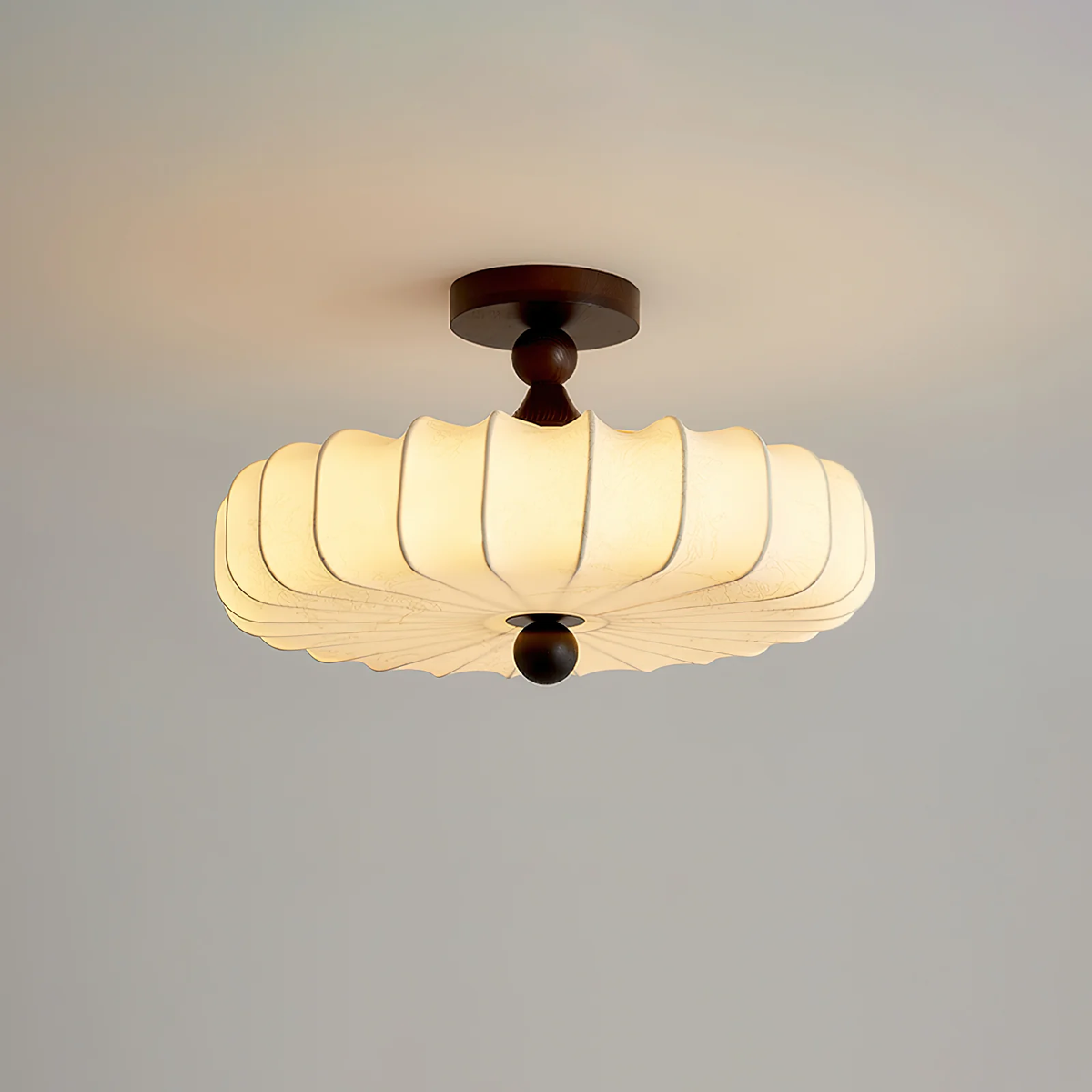 Aveline Bloom Modern Flush Mount Ceiling Light in Walnut and White Fabric