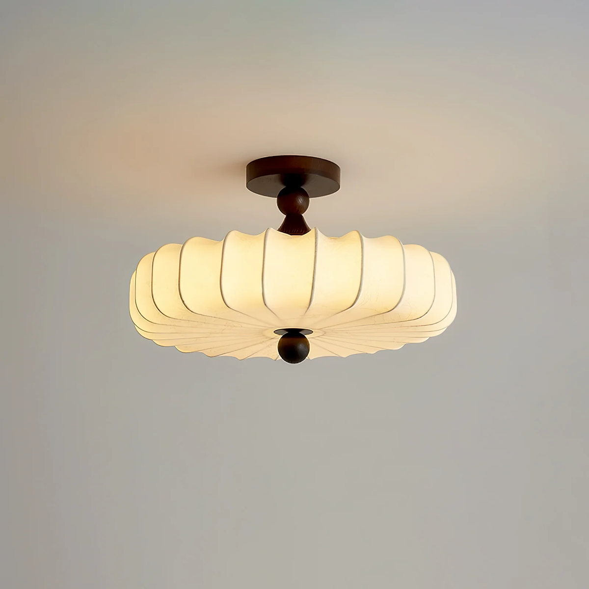 Aveline Bloom Modern Flush Mount Ceiling Light in Walnut and White Fabric