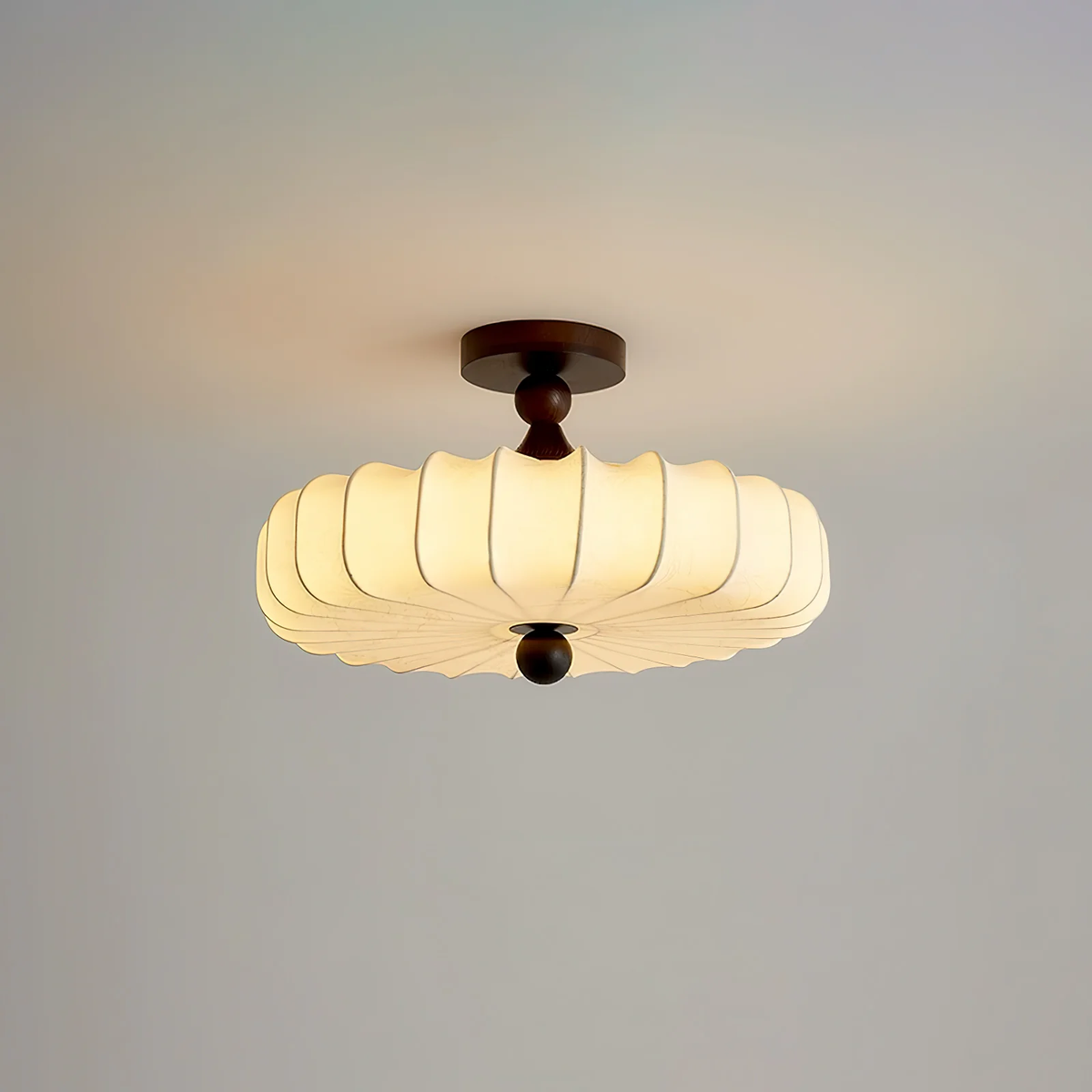 Aveline Bloom Modern Flush Mount Ceiling Light in Walnut and White Fabric