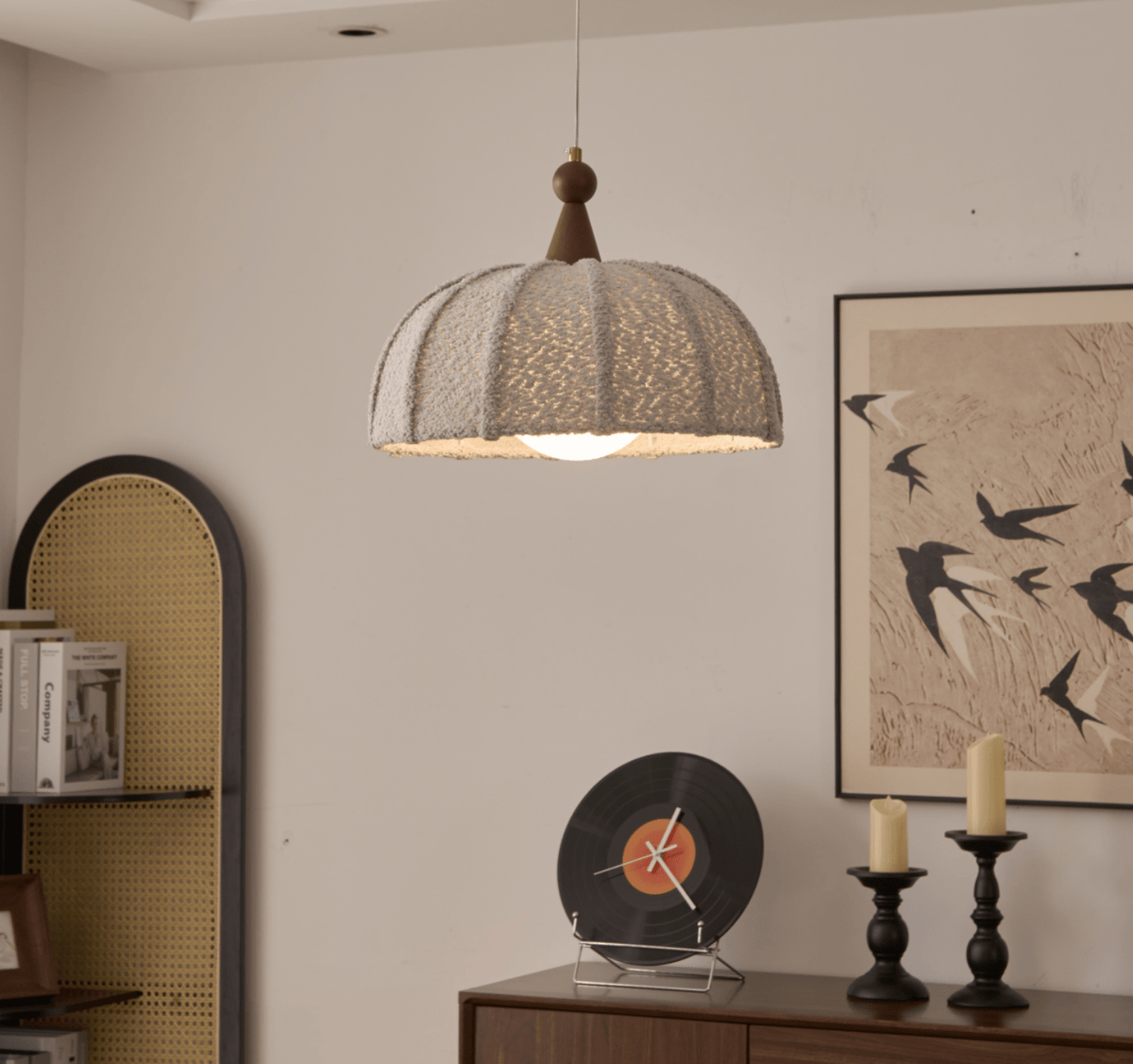 Boucle Harbor Pendant Light – Textured Dome with Walnut Accent