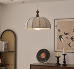 Boucle Harbor Pendant Light – Textured Dome with Walnut Accent