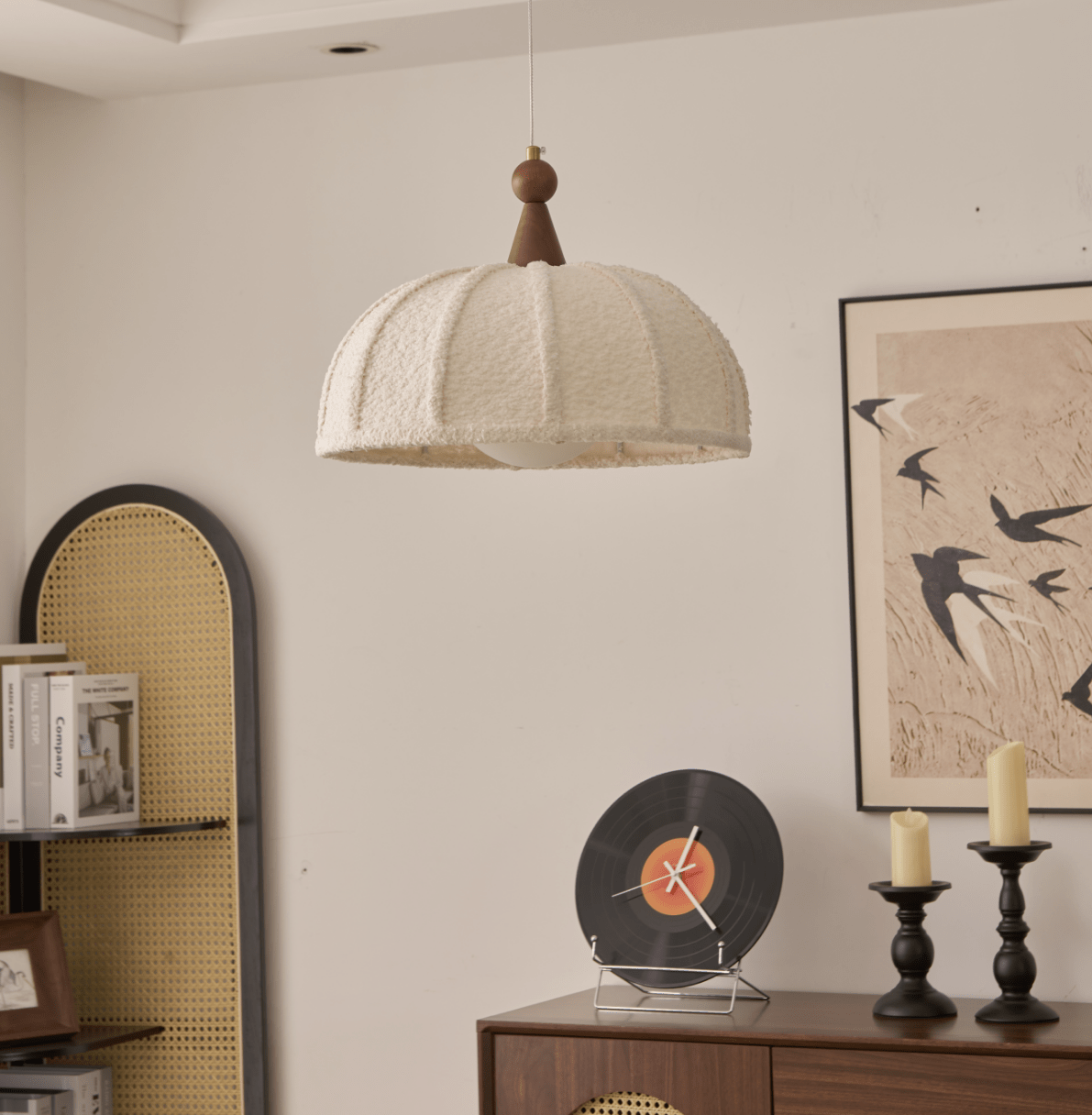 Boucle Harbor Pendant Light – Textured Dome with Walnut Accent
