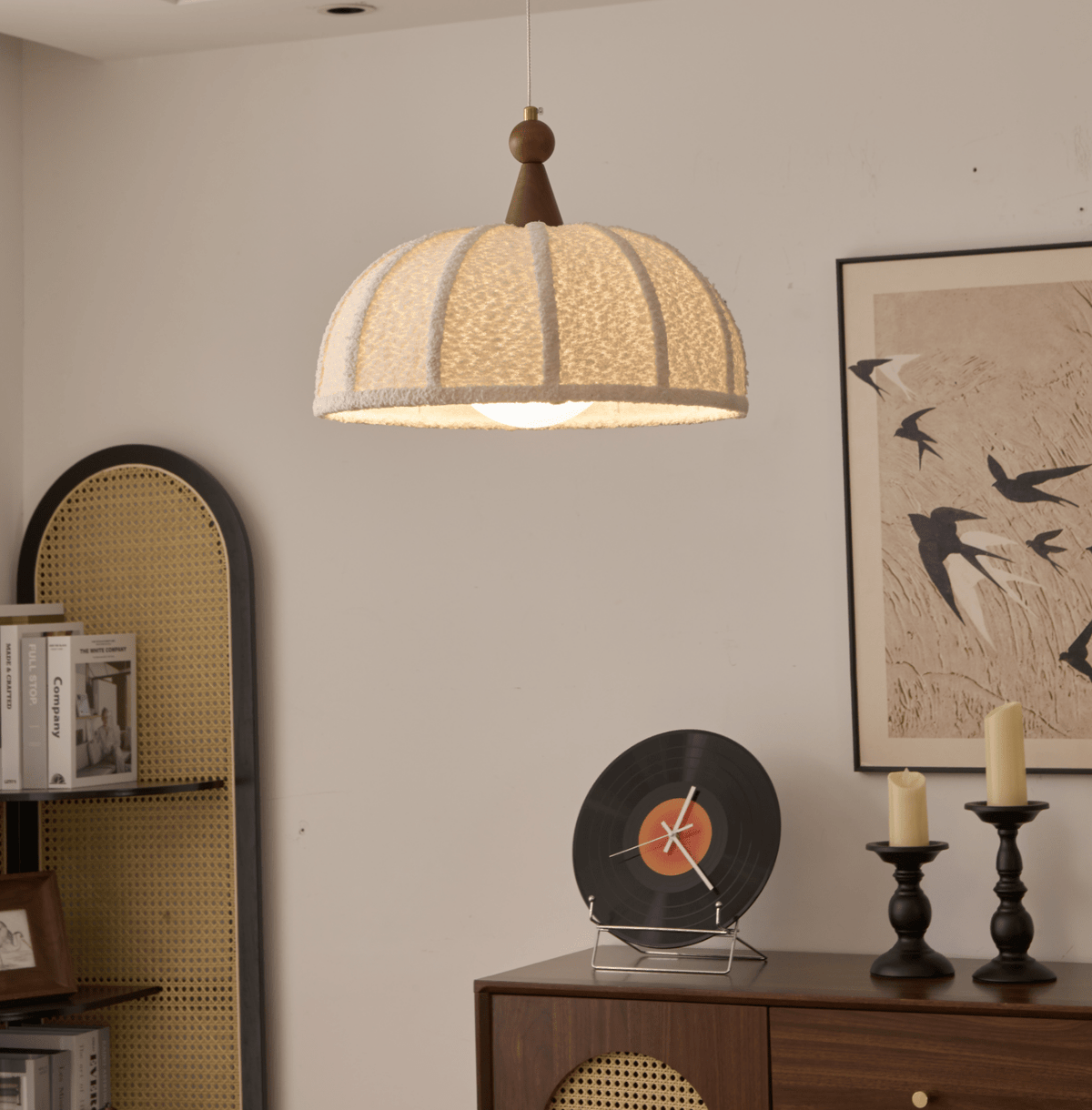 Boucle Harbor Pendant Light – Textured Dome with Walnut Accent