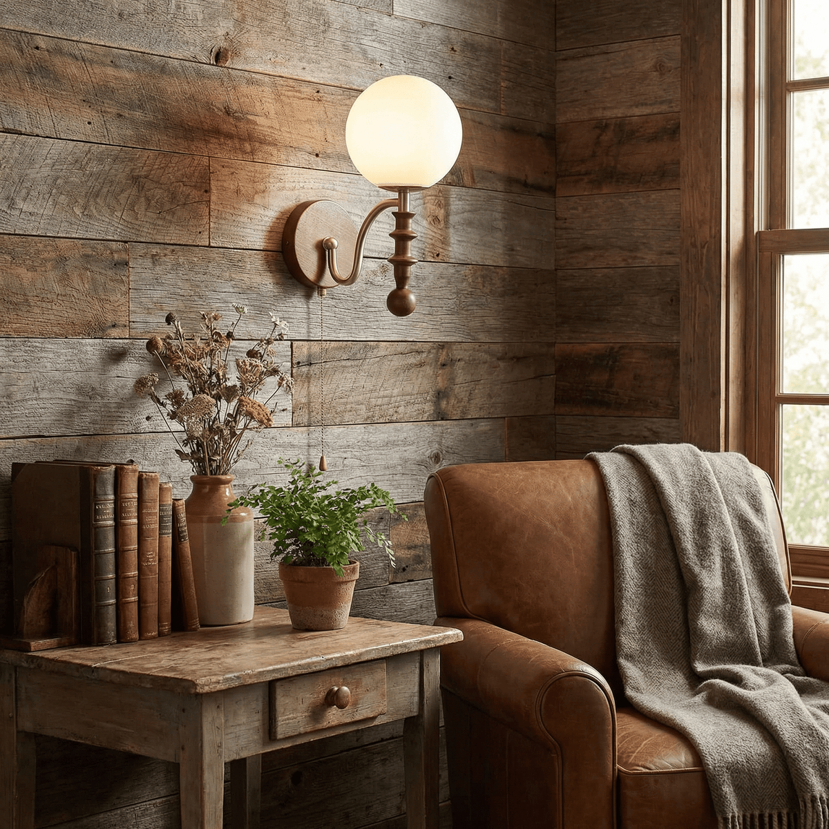 Bramwell Wall Sconce with Wood Accents and Frosted Glass Globe