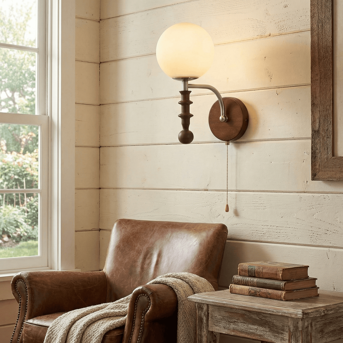 Bramwell Wall Sconce with Wood Accents and Frosted Glass Globe