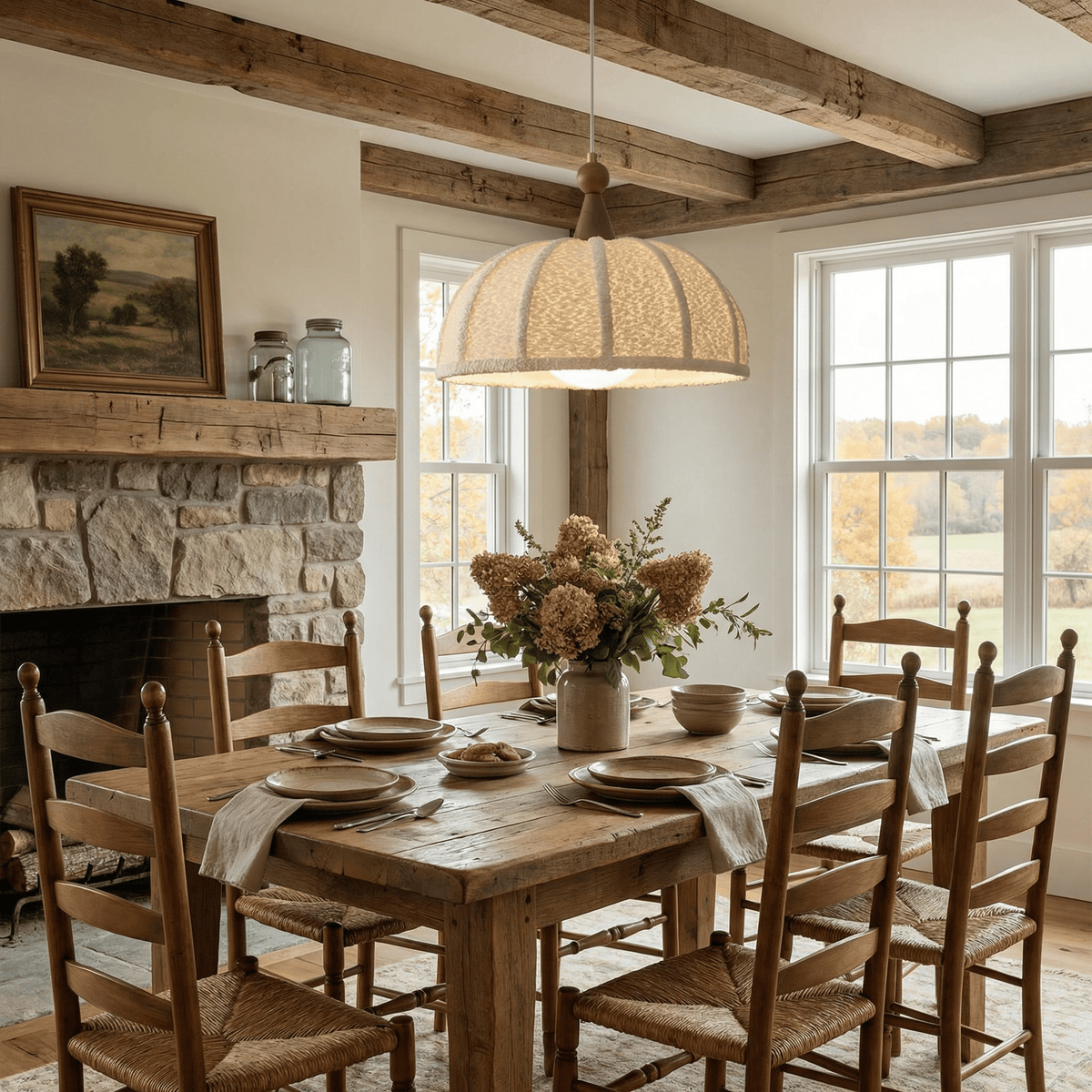 Boucle Harbor Pendant Light – Textured Dome with Walnut Accent