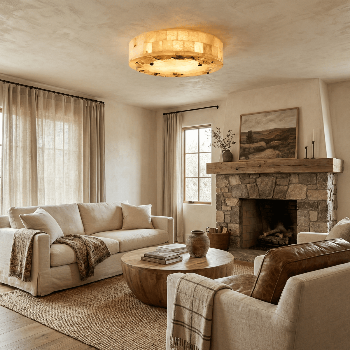 Luriel Alabaster Ceiling Light – Modern Flush Mount in Brass & Natural Stone