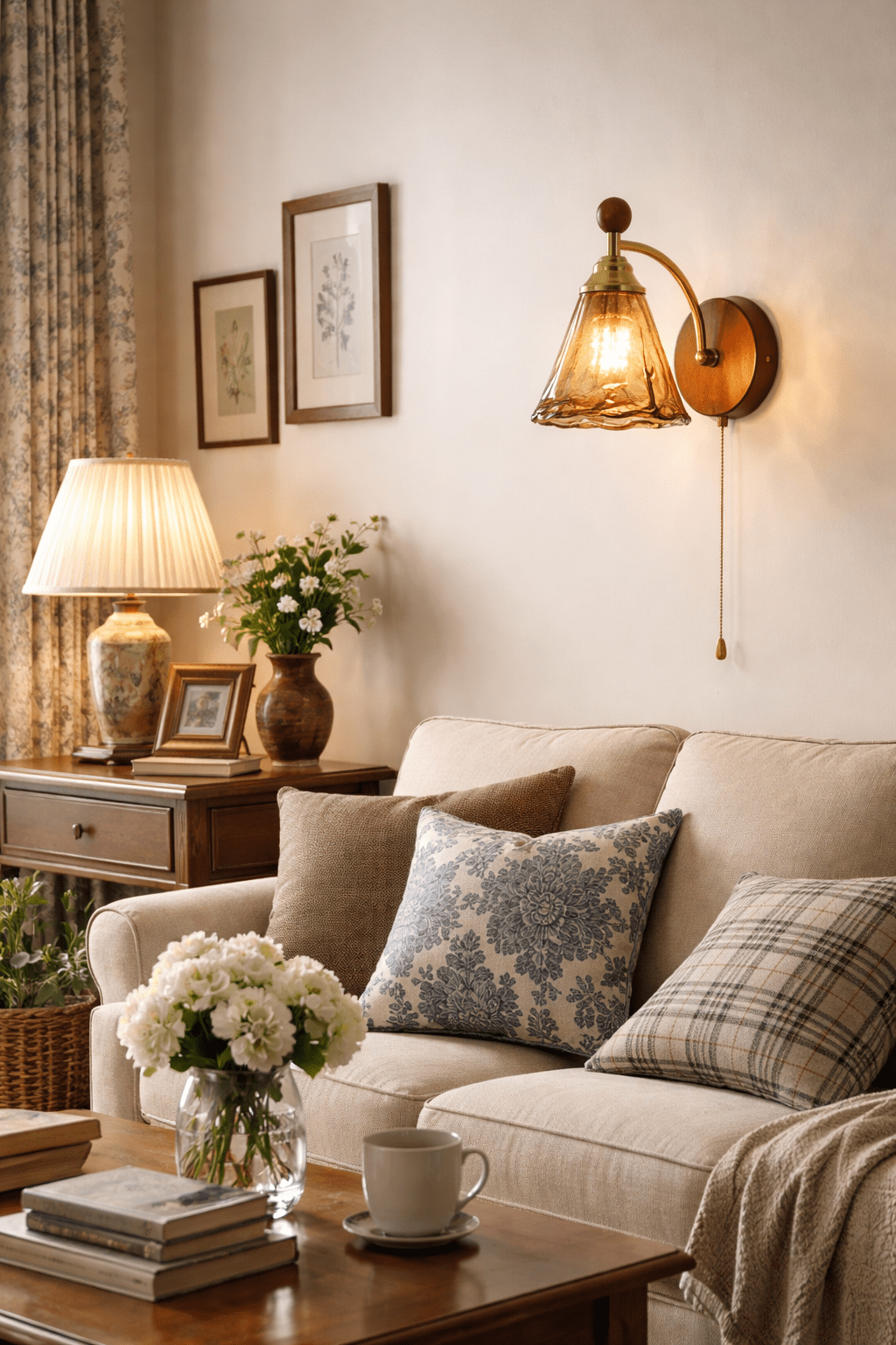 Amberveil Bloom Wall Sconce with Amber Glass Shade and Brass Accents