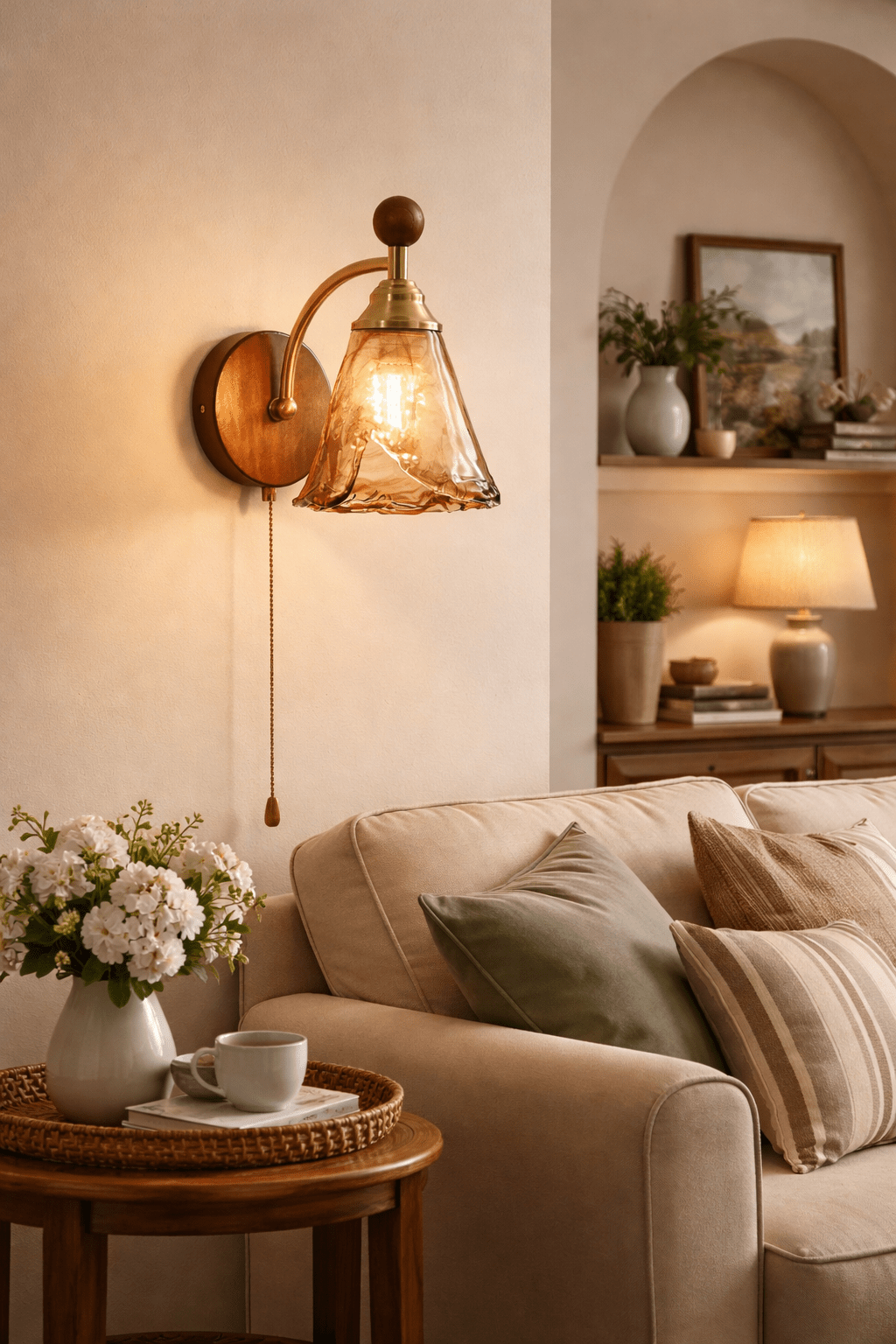 Amberveil Bloom Wall Sconce with Amber Glass Shade and Brass Accents