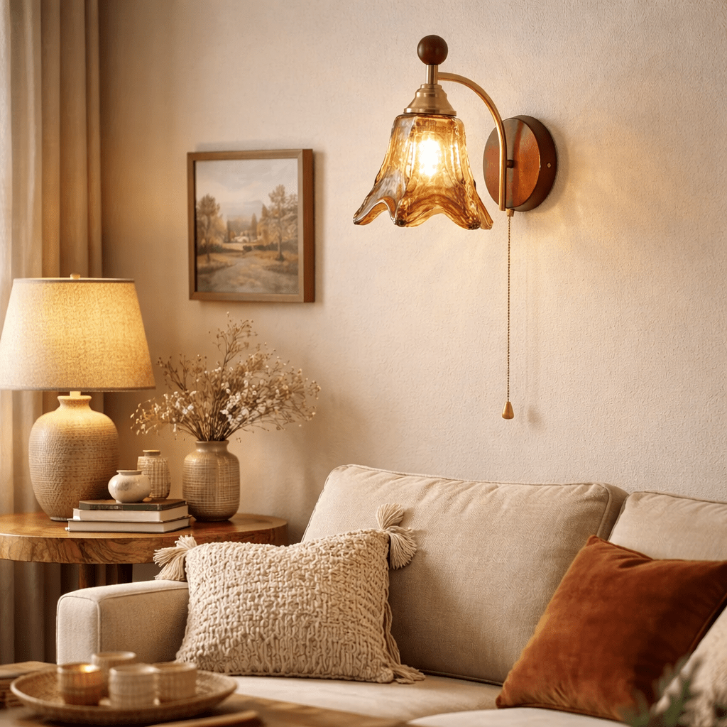 Amberveil Bloom Wall Sconce with Amber Glass Shade and Brass Accents