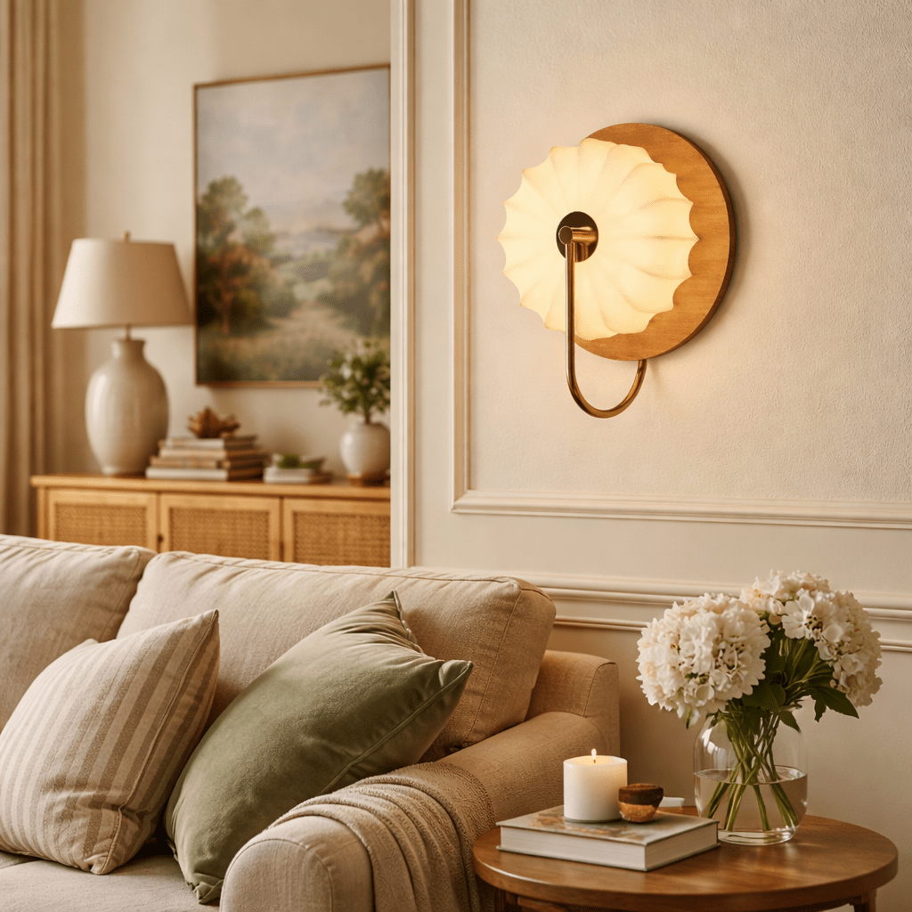 Solenne Petal Wall Sconce in Brass and Wood for Bedroom and Living Room