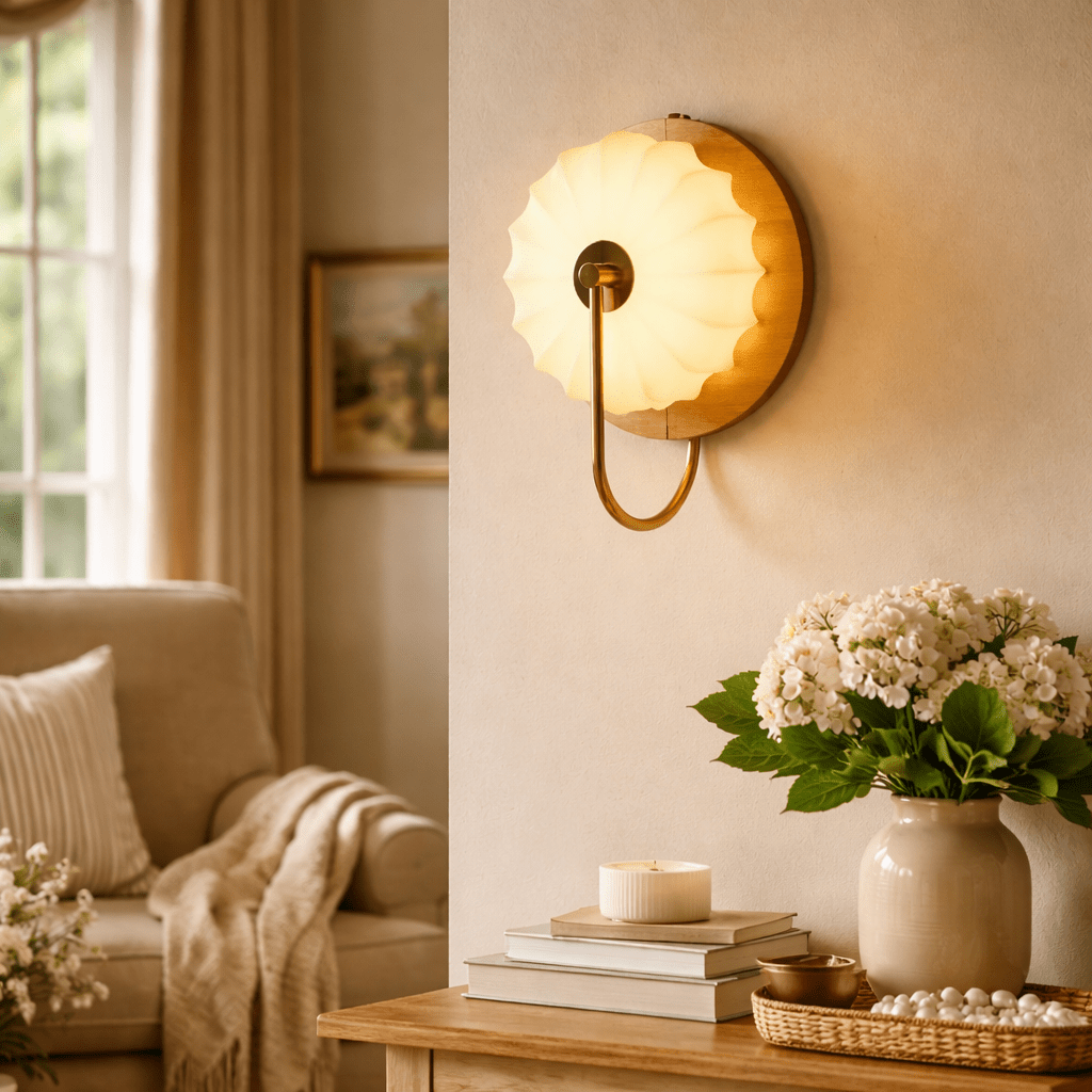 Solenne Petal Wall Sconce in Brass and Wood for Bedroom and Living Room