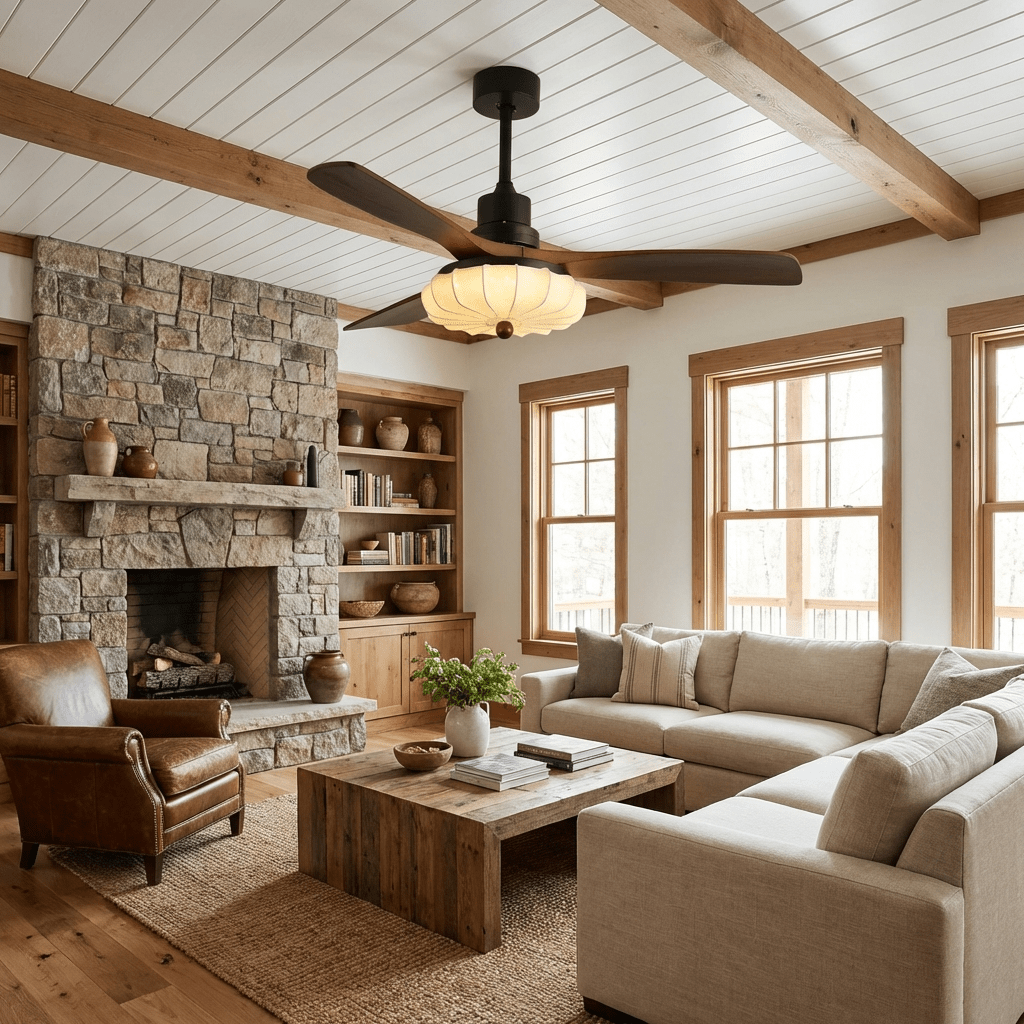 Lotus Bloom Ceiling Fan Light with Fabric Shade and Walnut Blades