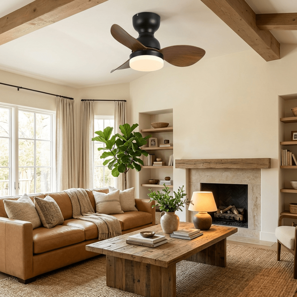 Aeroleaf Flush Mount Ceiling Fan Light with LED and Wood Blades
