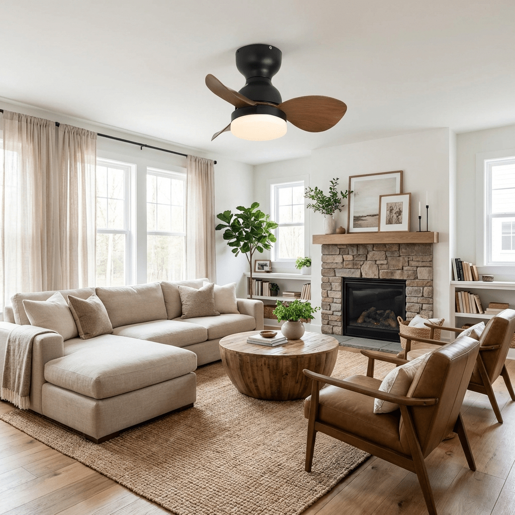 Aeroleaf Flush Mount Ceiling Fan Light with LED and Wood Blades