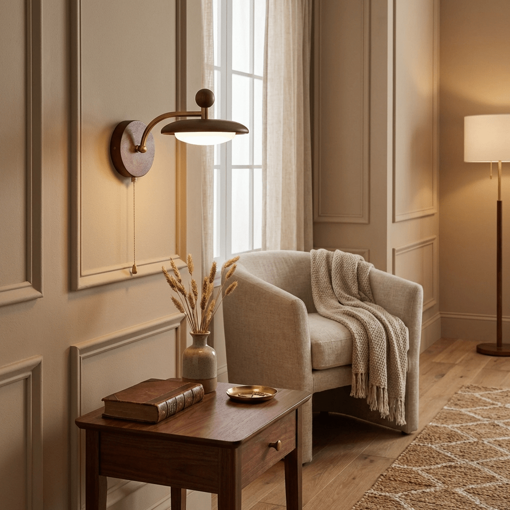 Arcwood Saucer Wall Sconce in Walnut and Brass