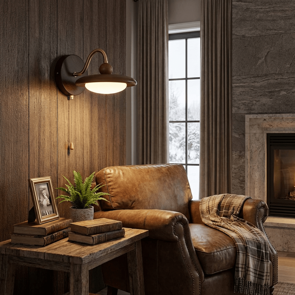 Arcwood Saucer Wall Sconce in Walnut and Brass