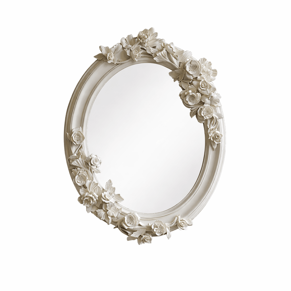 Hand-Carved Floral Vanity Mirror with Ivory Plaster Finish