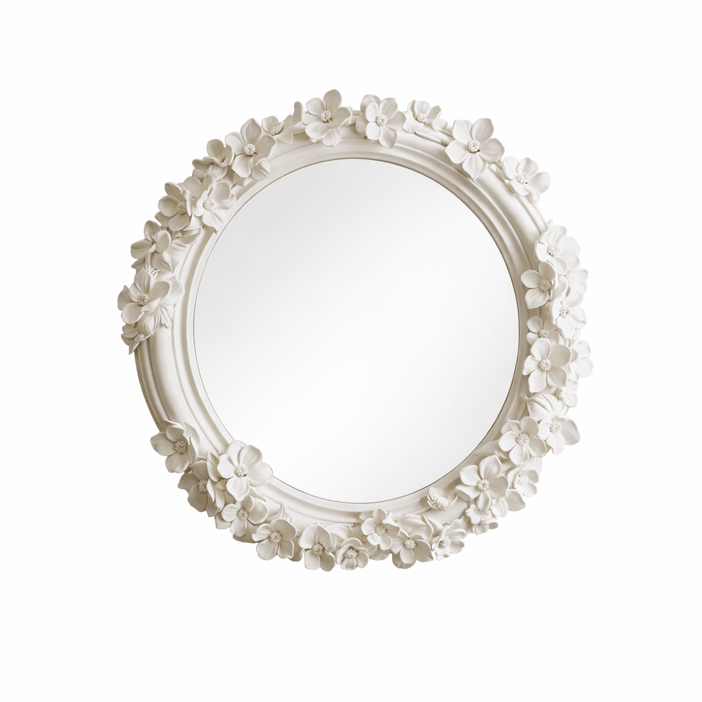 Hand-Carved Floral Vanity Mirror with Ivory Plaster Finish