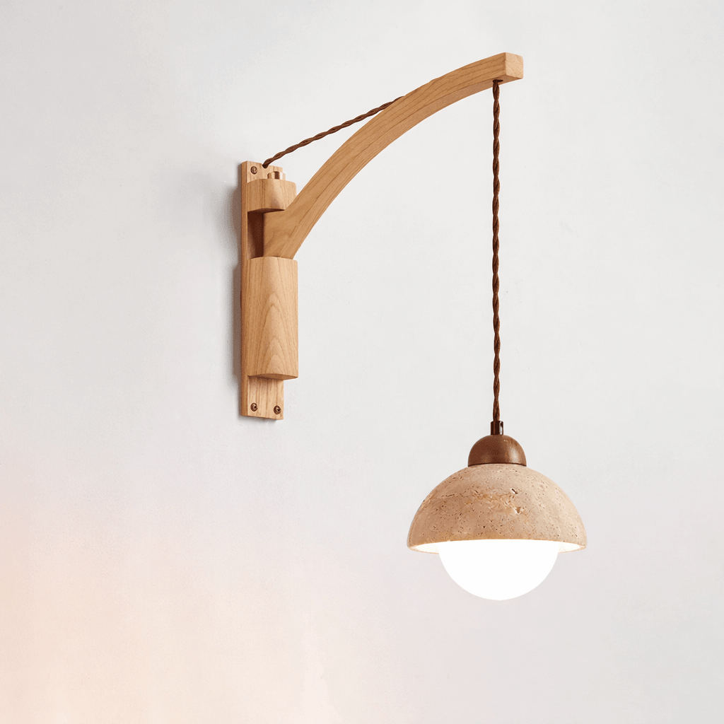 Travertine Swing Arm Wall Sconce with Wooden Accent