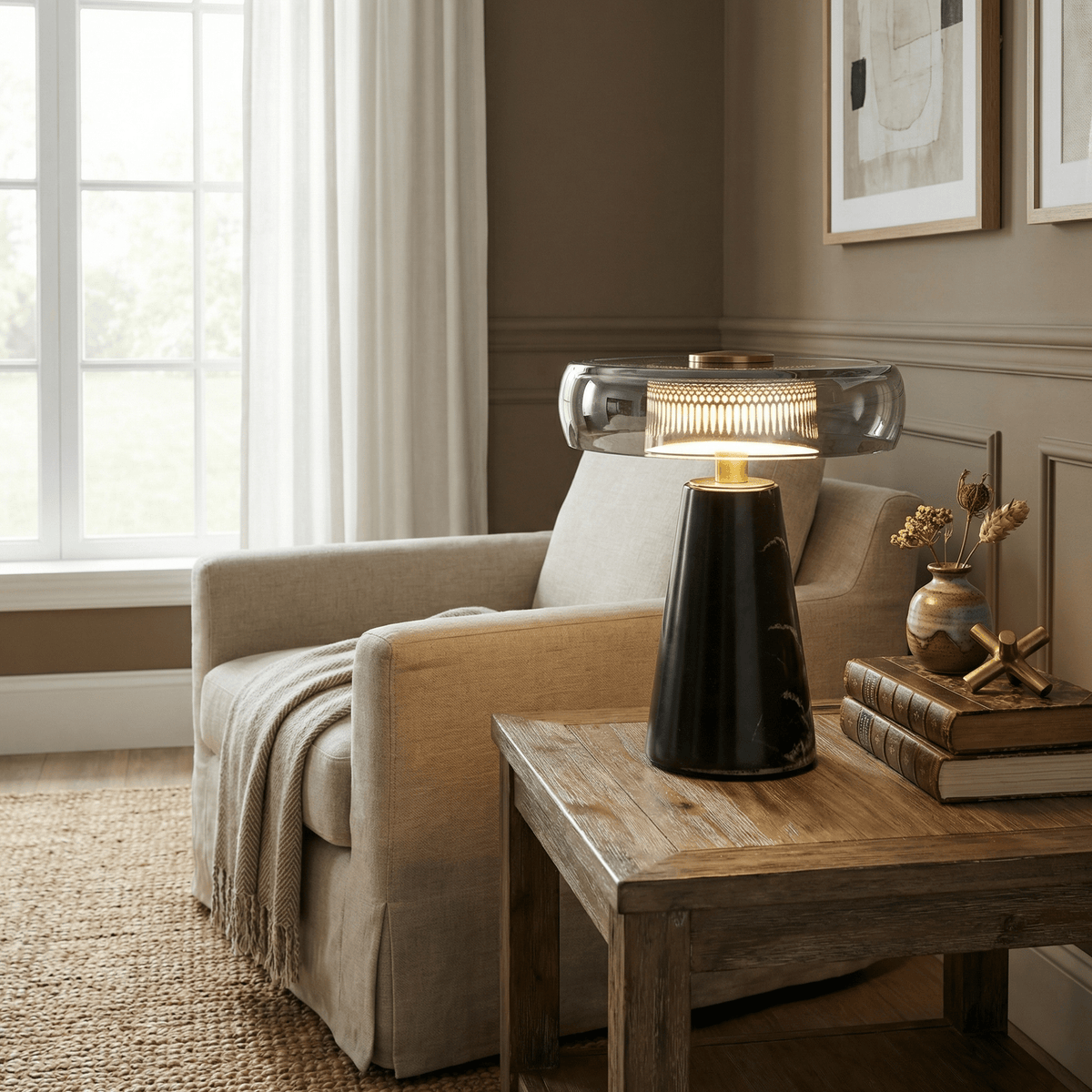 Noctra Halo Table Lamp – Smoked Glass & Marble LED Desk Lamp