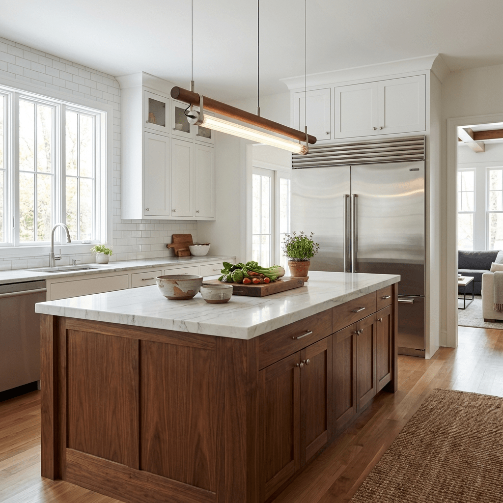 Strata Beam Linear LED Pendant Light in Walnut Wood and Nickel