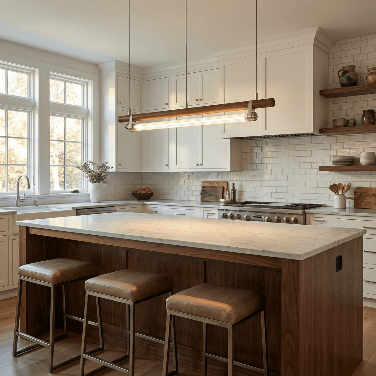 Strata Beam Linear LED Pendant Light in Walnut Wood and Nickel