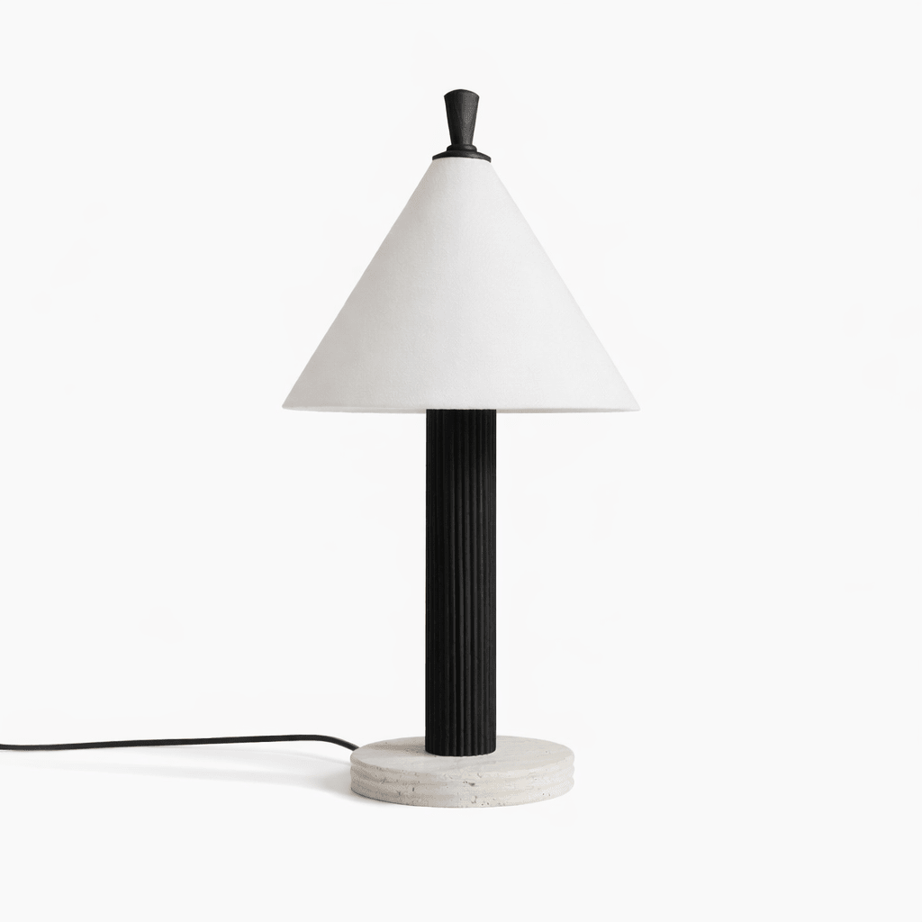 Sorrel Cone Table Lamp with Travertine Base and Wood Accent