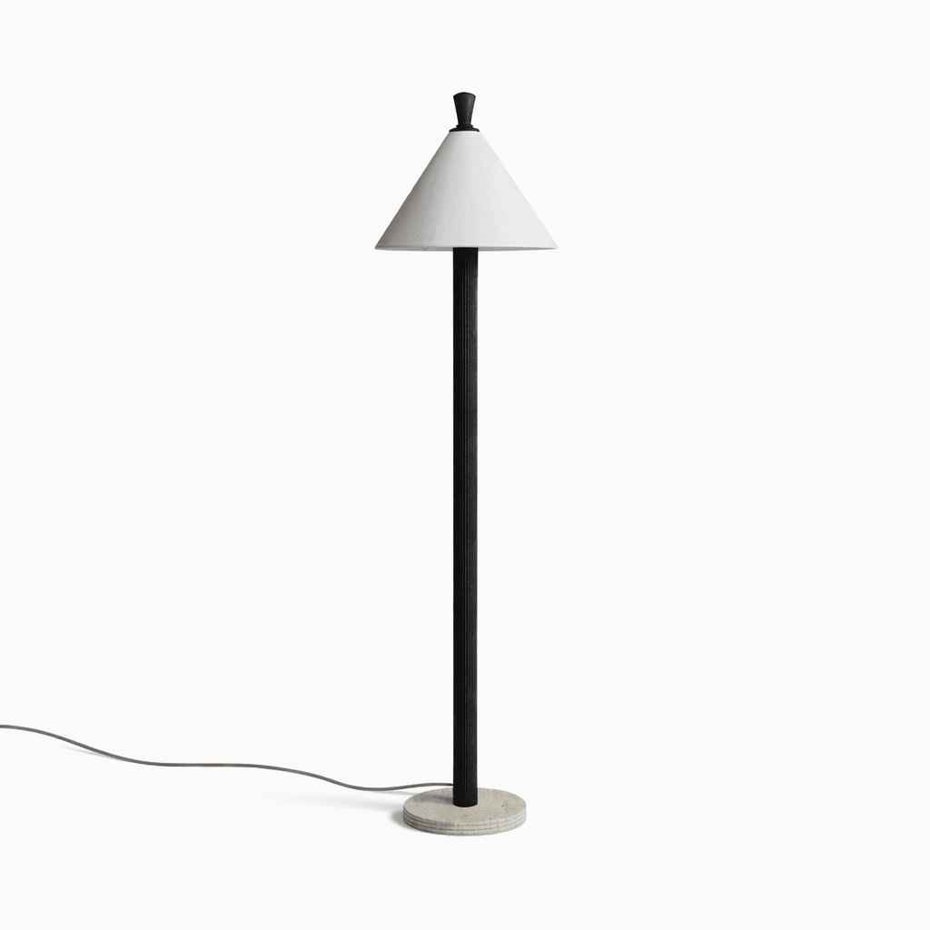 Sorrel Cone Floor Lamp – Modern Wood & Travertine Sculptural Lighting