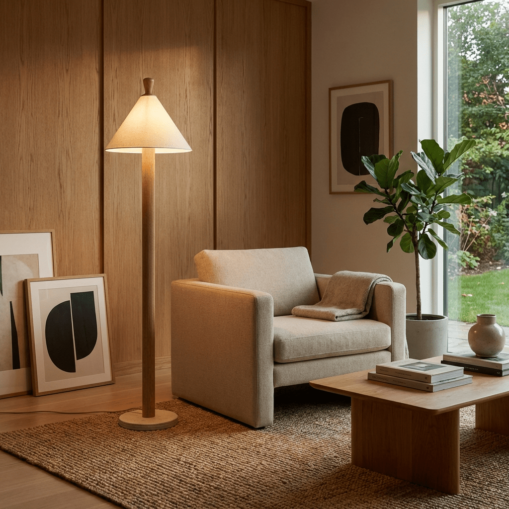 Sorrel Cone Floor Lamp – Modern Wood & Travertine Sculptural Lighting