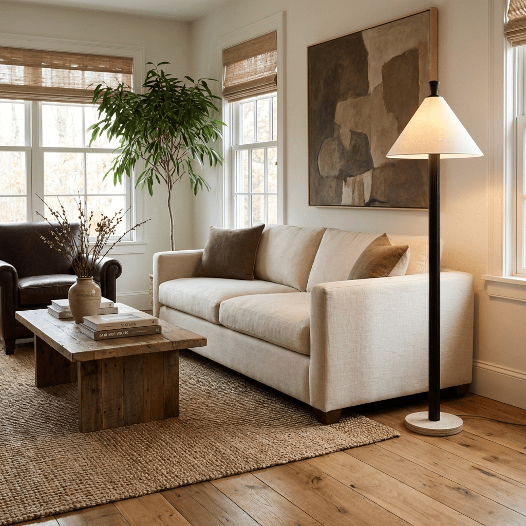 Sorrel Cone Floor Lamp – Modern Wood & Travertine Sculptural Lighting