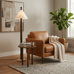 Sorrel Cone Floor Lamp – Modern Wood & Travertine Sculptural Lighting
