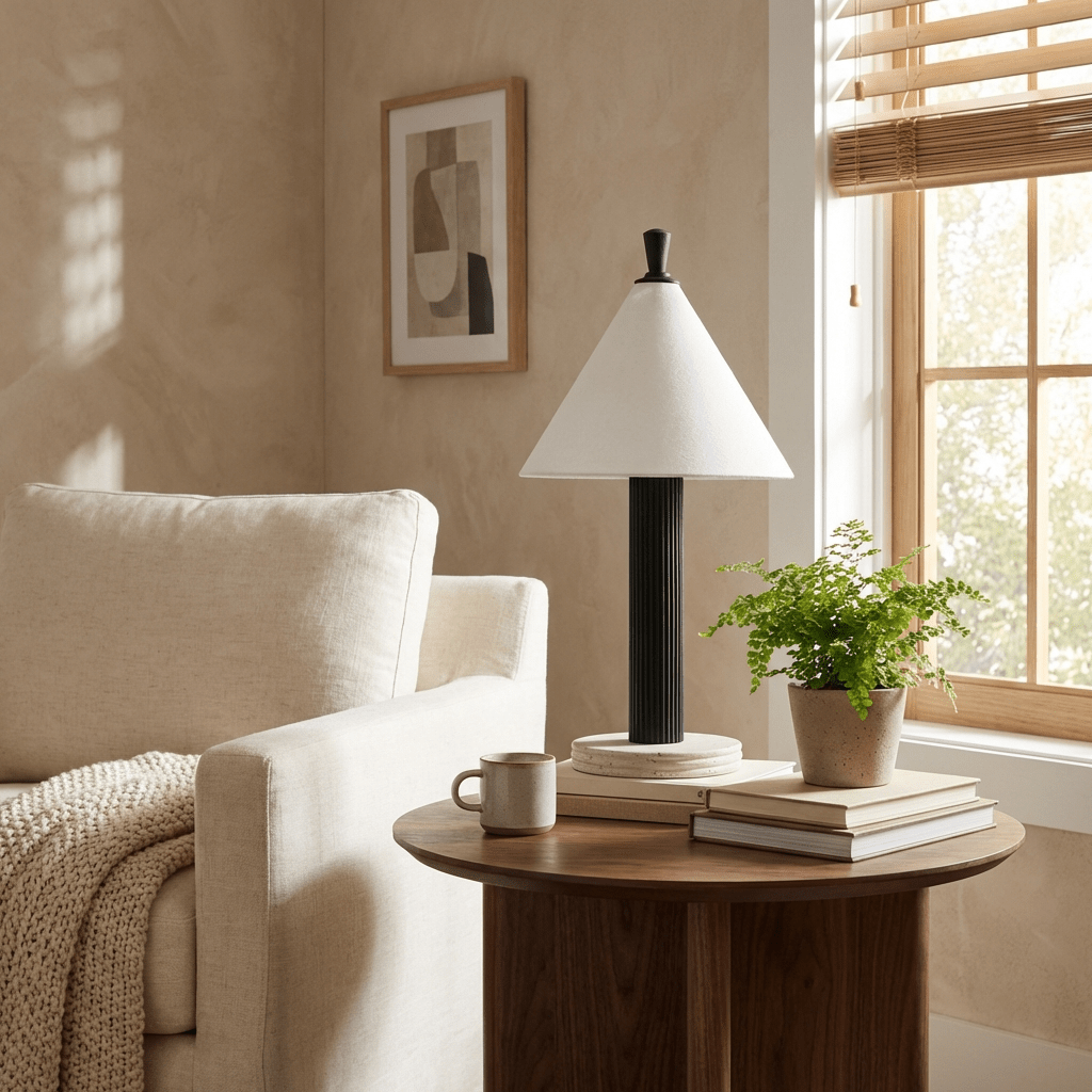 Sorrel Cone Table Lamp with Travertine Base and Wood Accent