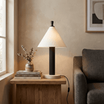 Sorrel Cone Table Lamp with Travertine Base and Wood Accent