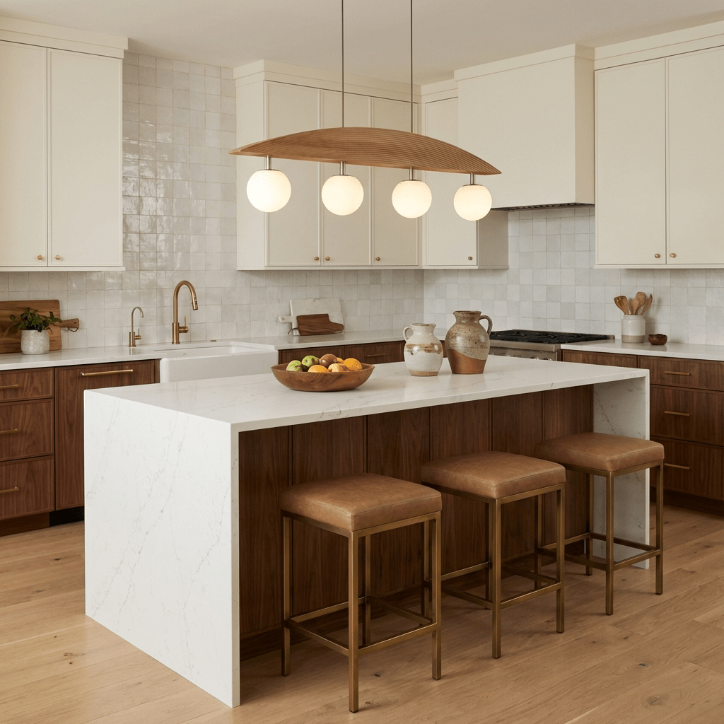 Arvella Arc Chandelier – Modern Wood & Glass Pendant Light for Dining Room