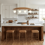Arvella Arc Chandelier – Modern Wood & Glass Pendant Light for Dining Room