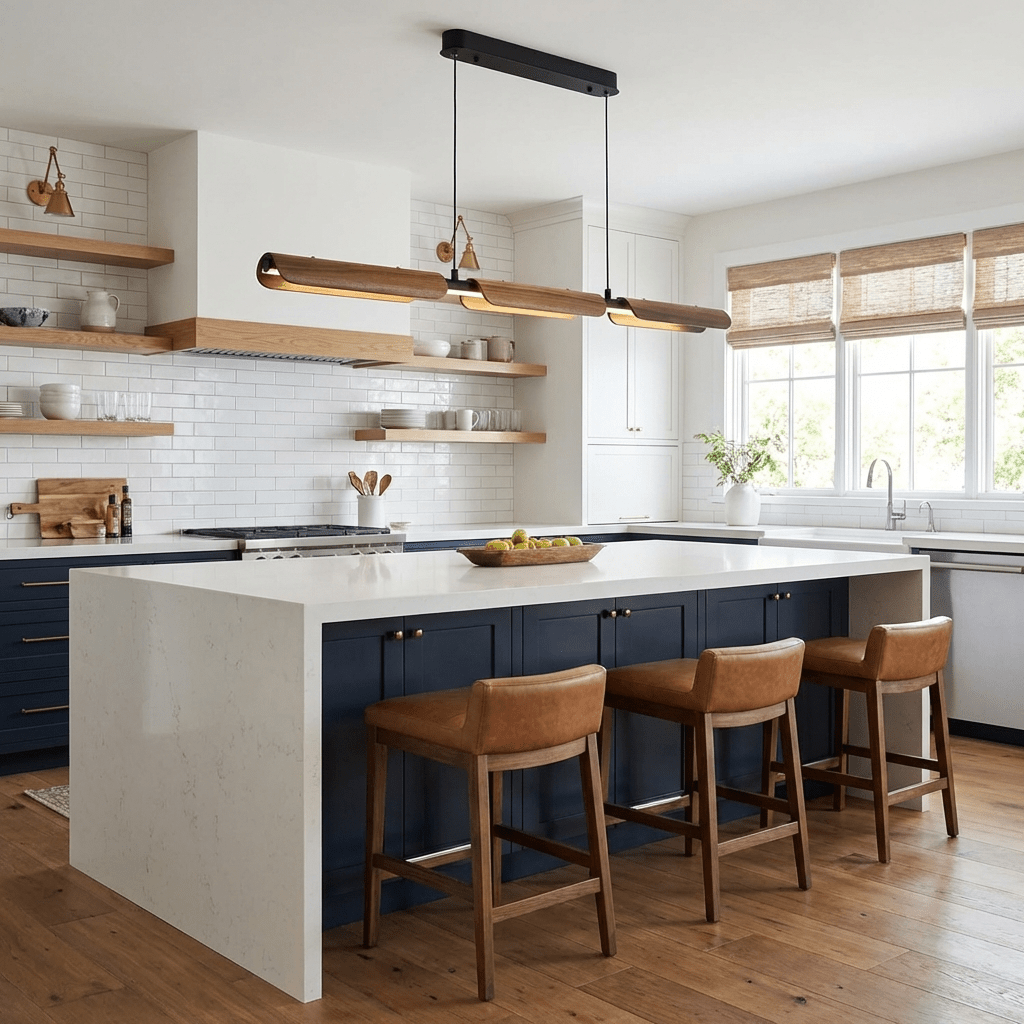 Velora Linear Pendant Light — Modern Wood & Metal LED Chandelier