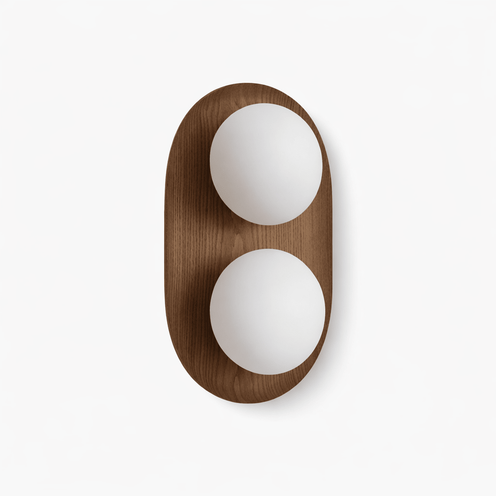 Duo Orb Wood Wall Sconce – Modern Scandinavian Bedroom Wall Light with Opal Glass Globes