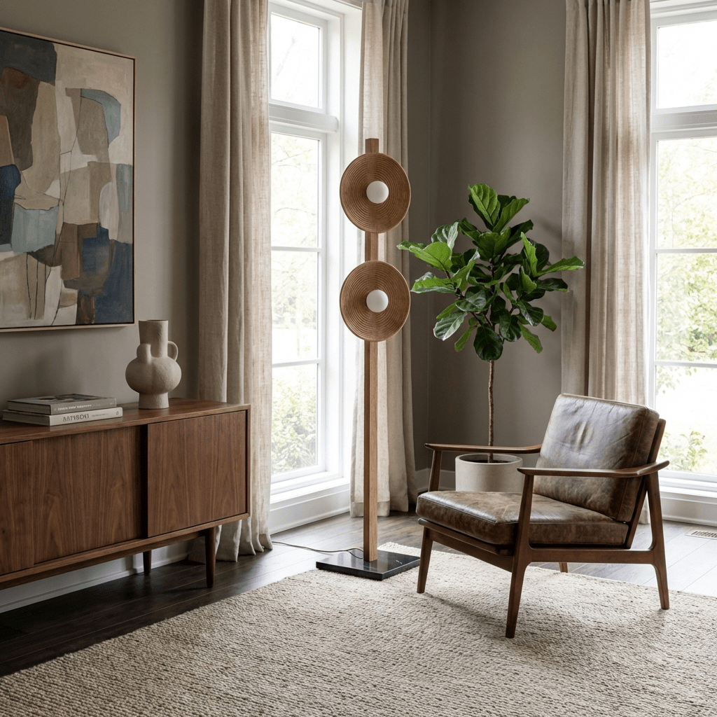 Arbor Twin Disc Floor Lamp — Sculptural Wooden Designer Floor Light