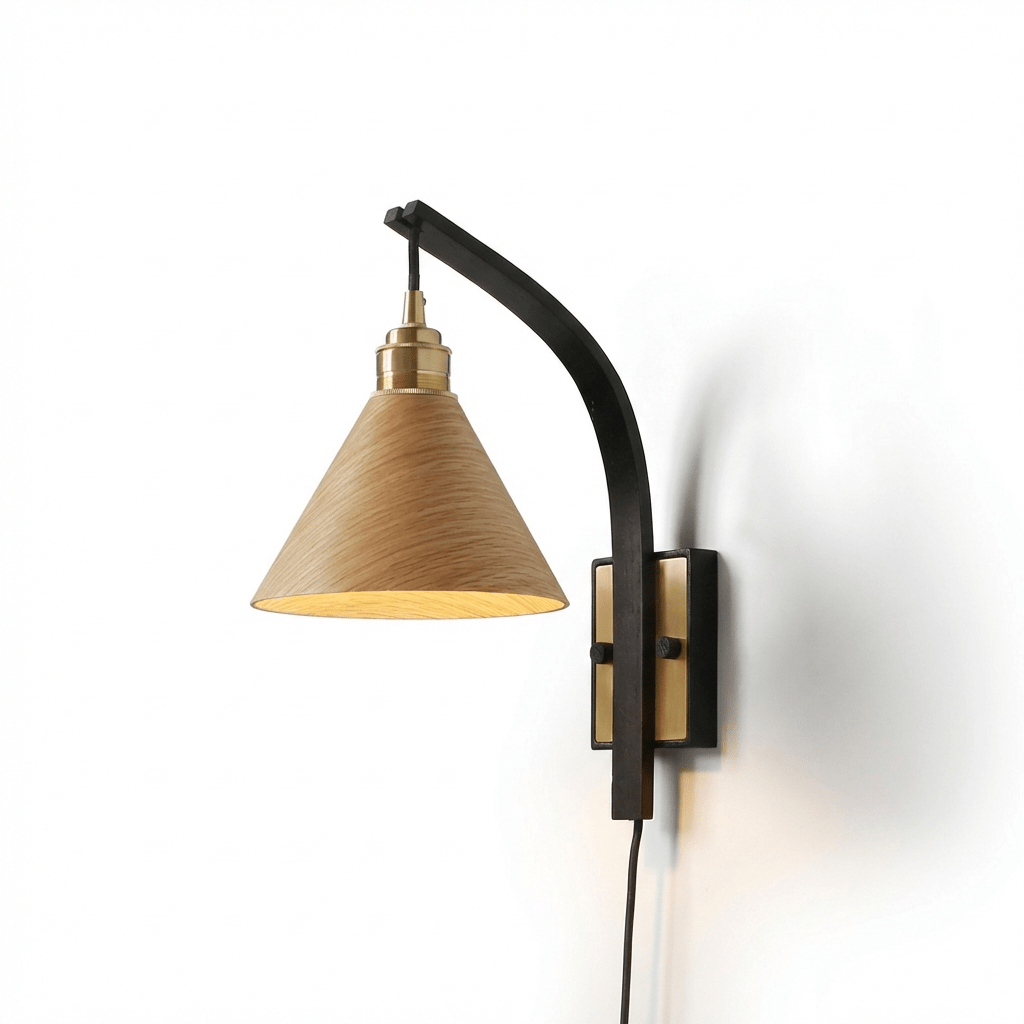 Camber Arc Plug-in Wall Sconce – Modern Wood & Brass Wall Light