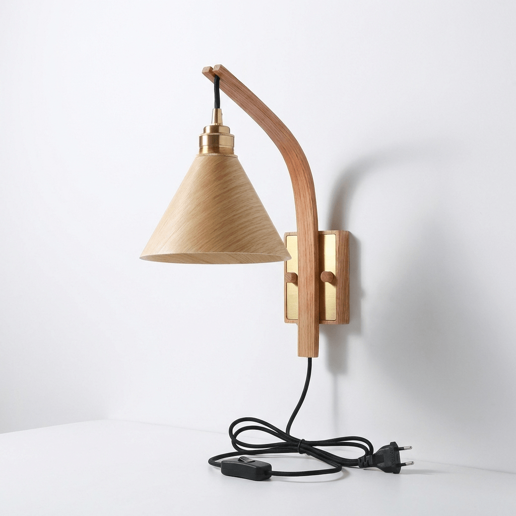 Camber Arc Plug-in Wall Sconce – Modern Wood & Brass Wall Light