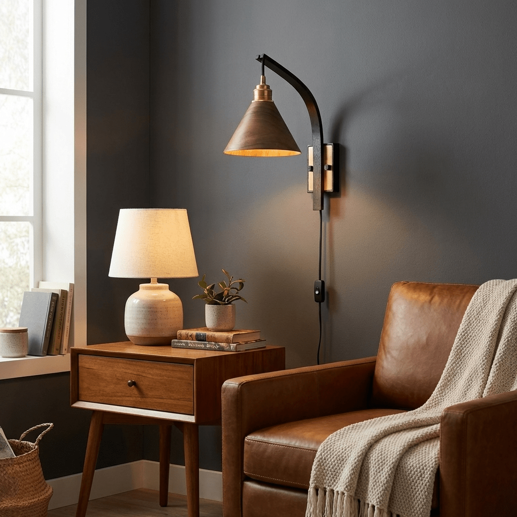Camber Arc Plug-in Wall Sconce – Modern Wood & Brass Wall Light