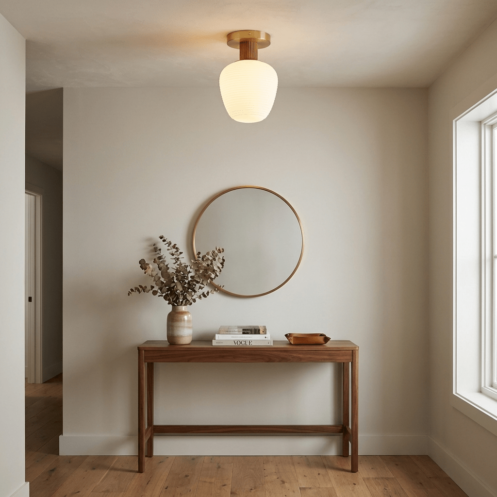 Antony Flush Mount Ceiling Light in Opal Glass and Walnut