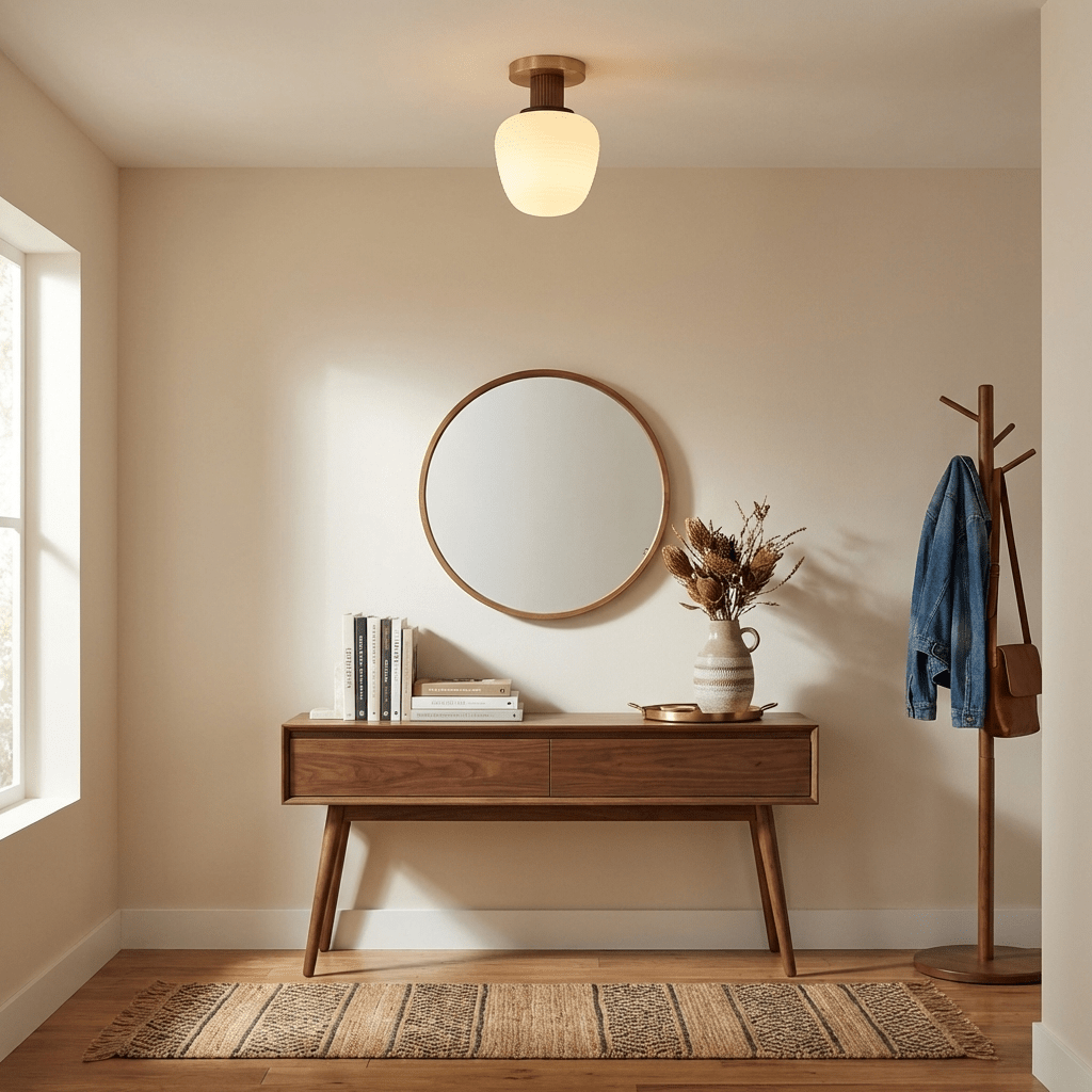 Antony Flush Mount Ceiling Light in Opal Glass and Walnut